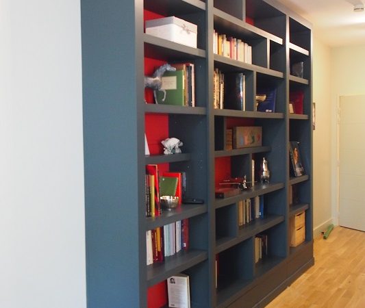 Bibliothèque contemporaine dans couloir