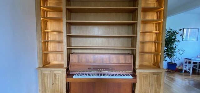 Bibliothèque multi fonction en bois naturel pouvant accueillir un piano, un lit, une commode ou une console